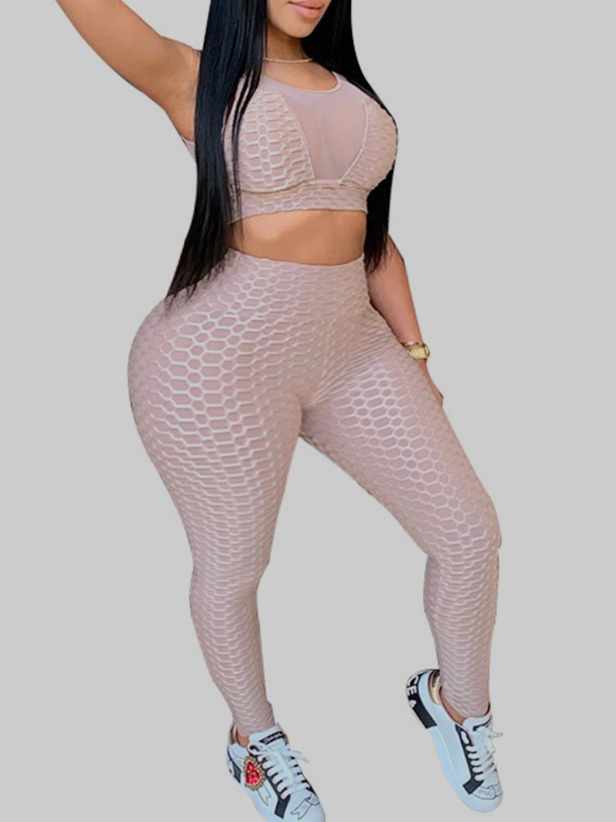 

lovely Sportswear O Neck Patchwork Pink Plus Size Two-piece Pants Set