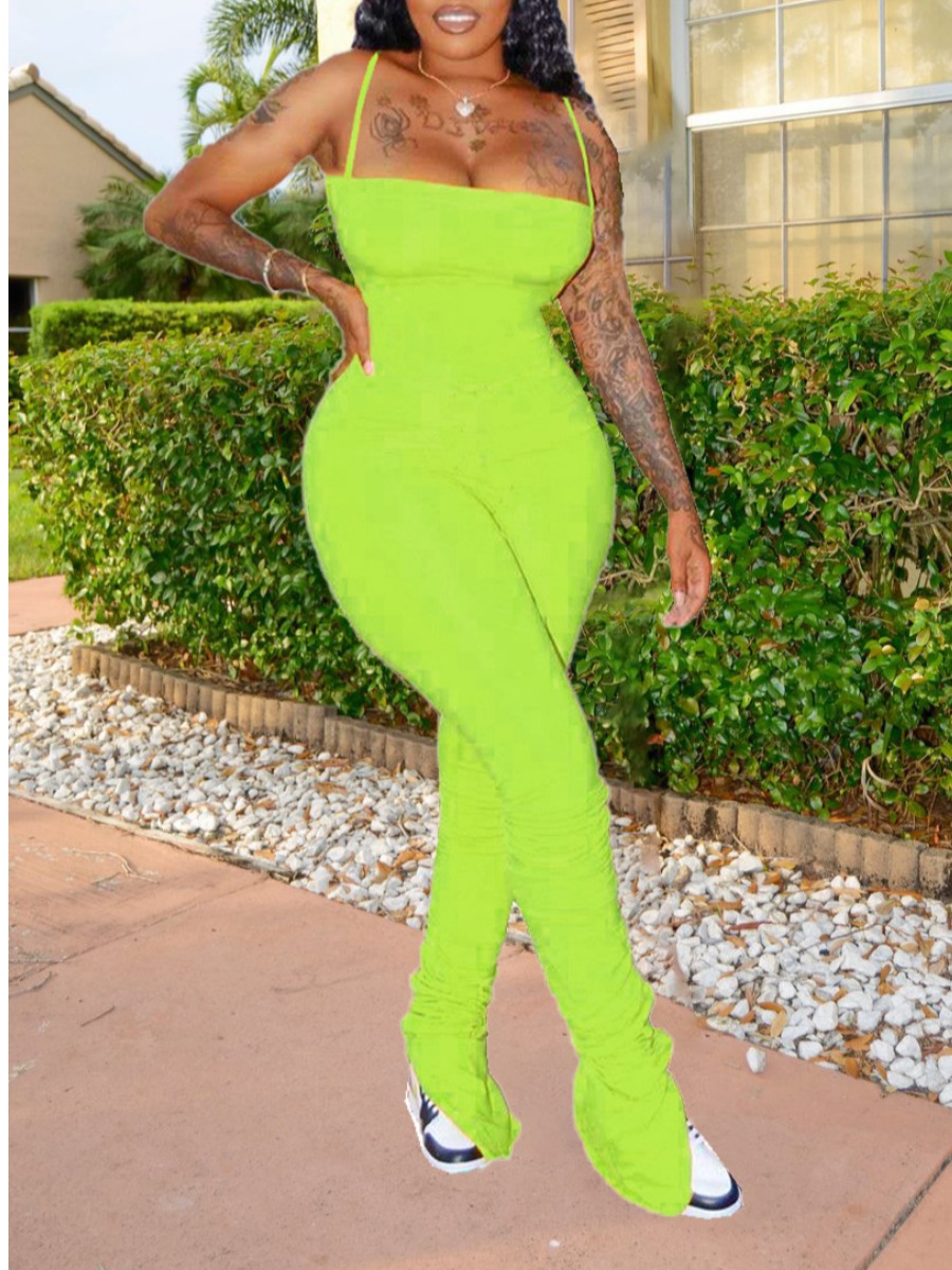 

lovely Trendy Spaghetti Strap Fold Design Skinny Green One-piece Jumpsuit