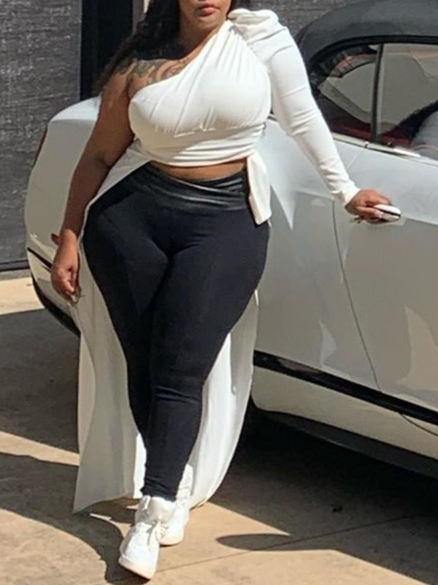 

lovely Trendy One Shoulder Asymmetrical White Plus Size Blouse
