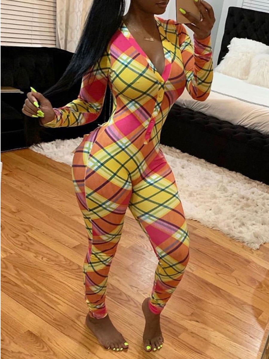

lovely Trendy V Neck Grid Print Orange Yellow One-piece Jumpsuit
