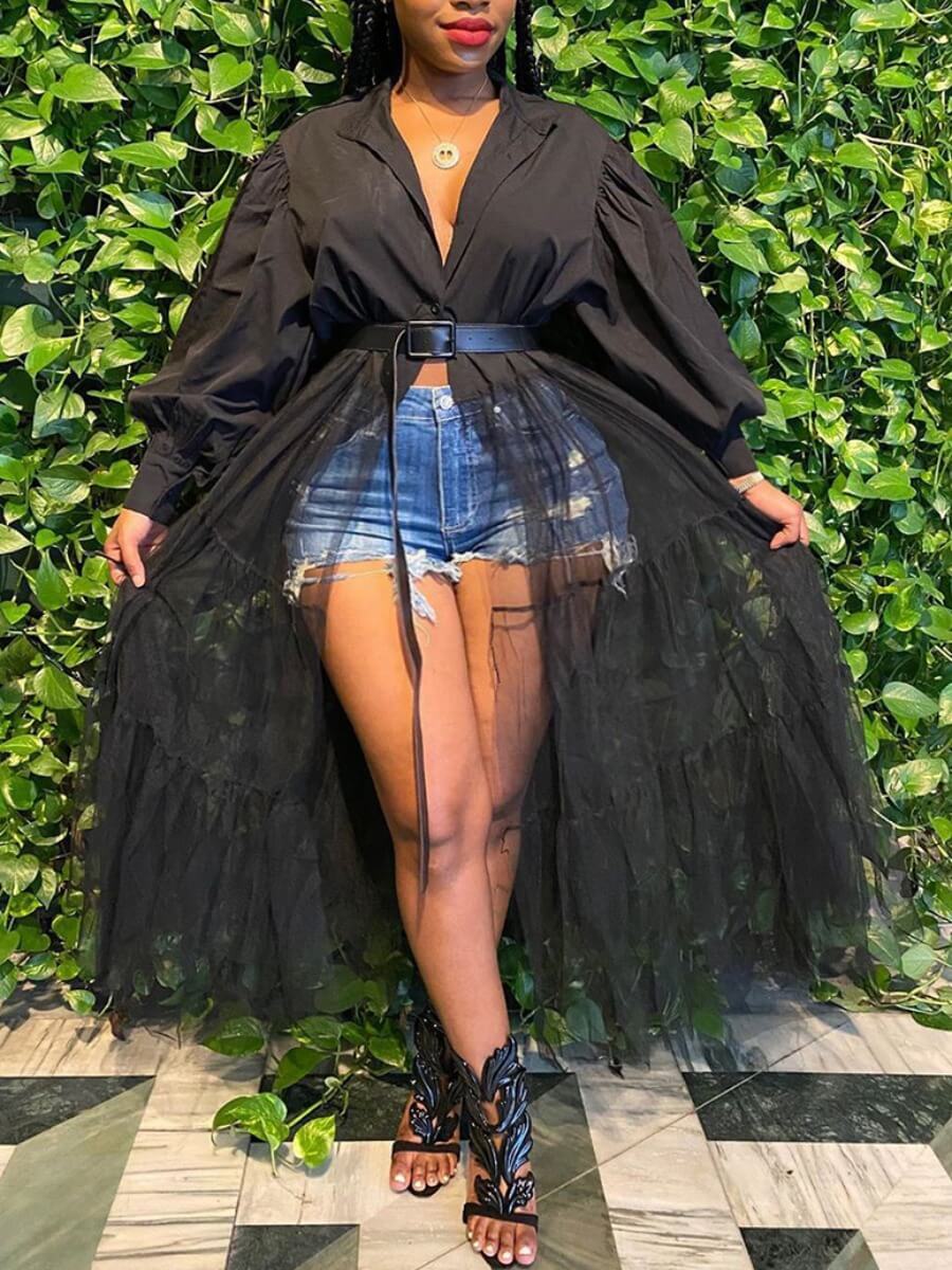 

Lovely Trendy Patchwork See-through Black Ankle Length Plus Size Dress