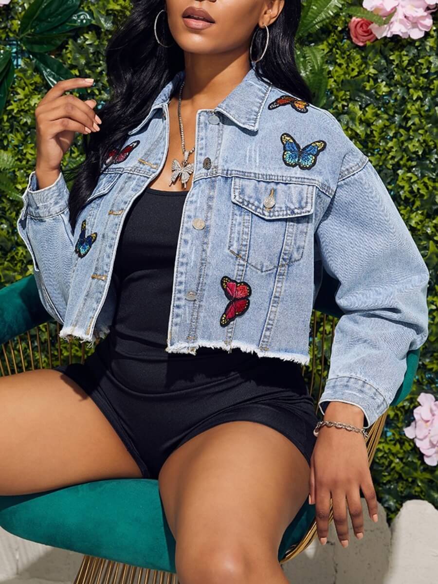 

Lovely Casual Turndown Collar Butterfly Baby Blue Denim Jacket