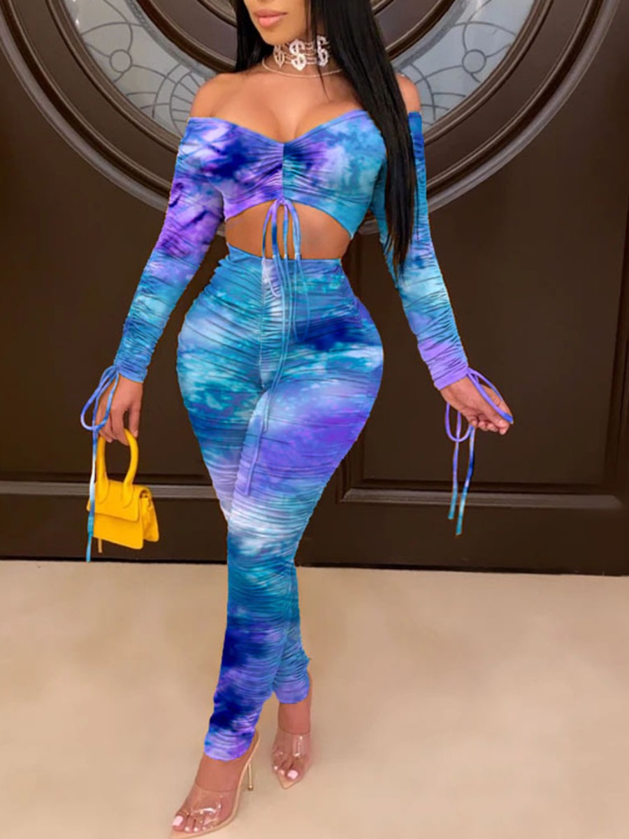 

lovely Trendy Dew Shoulder Tie Dye Drawstring Blue Two Piece Pants Set
