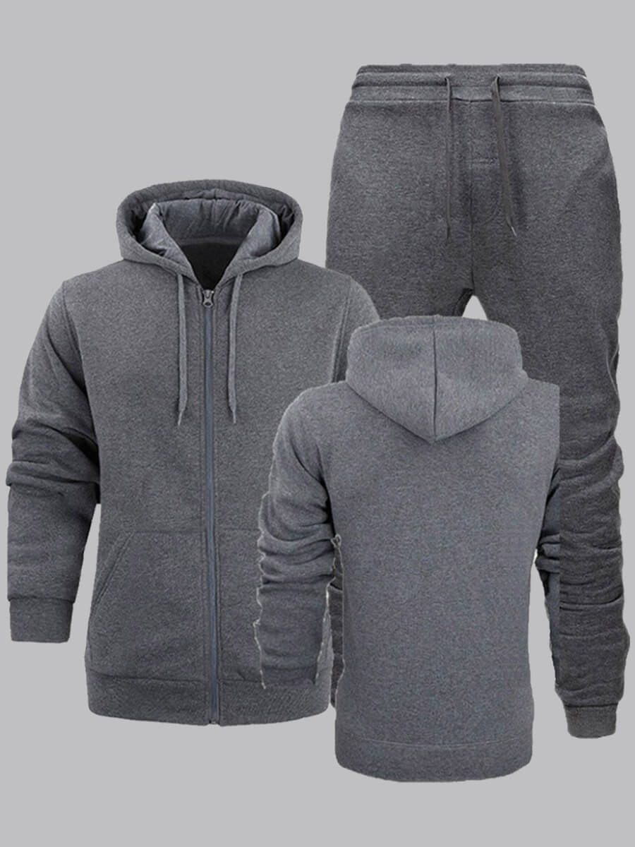 

Lovely Men Sportswear Hooded Collar Zipper Design Dark Grey Two-piece Pants Set