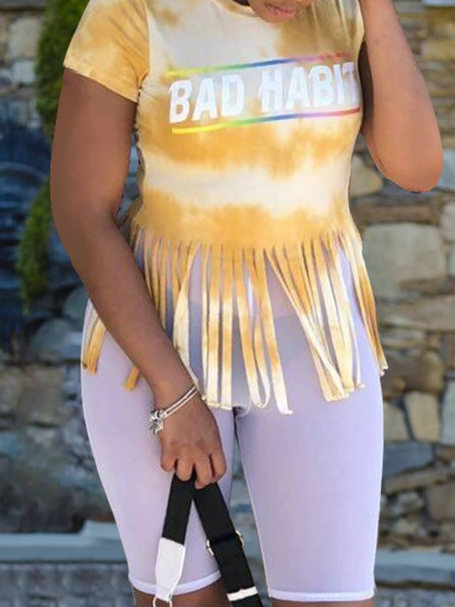 LovelyWholesale Cotton-Feel Letter Print Tie-dye Tassel Design T-shirt Summer Short Sleeve Street Round Neck Spring Summer 2024