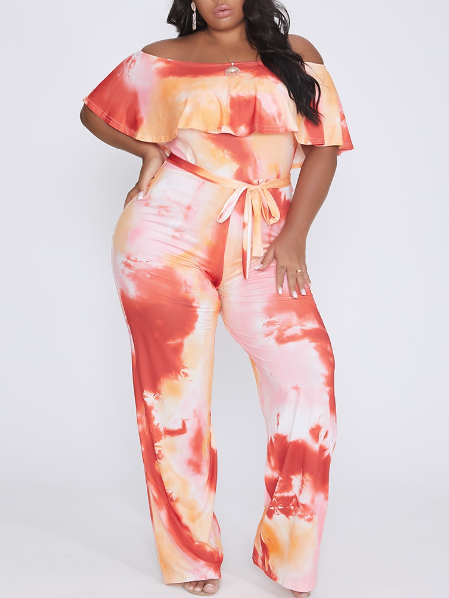 

lovely Trendy Dew Shoulder Tie-dye Yellow Plus Size One-piece Jumpsuit