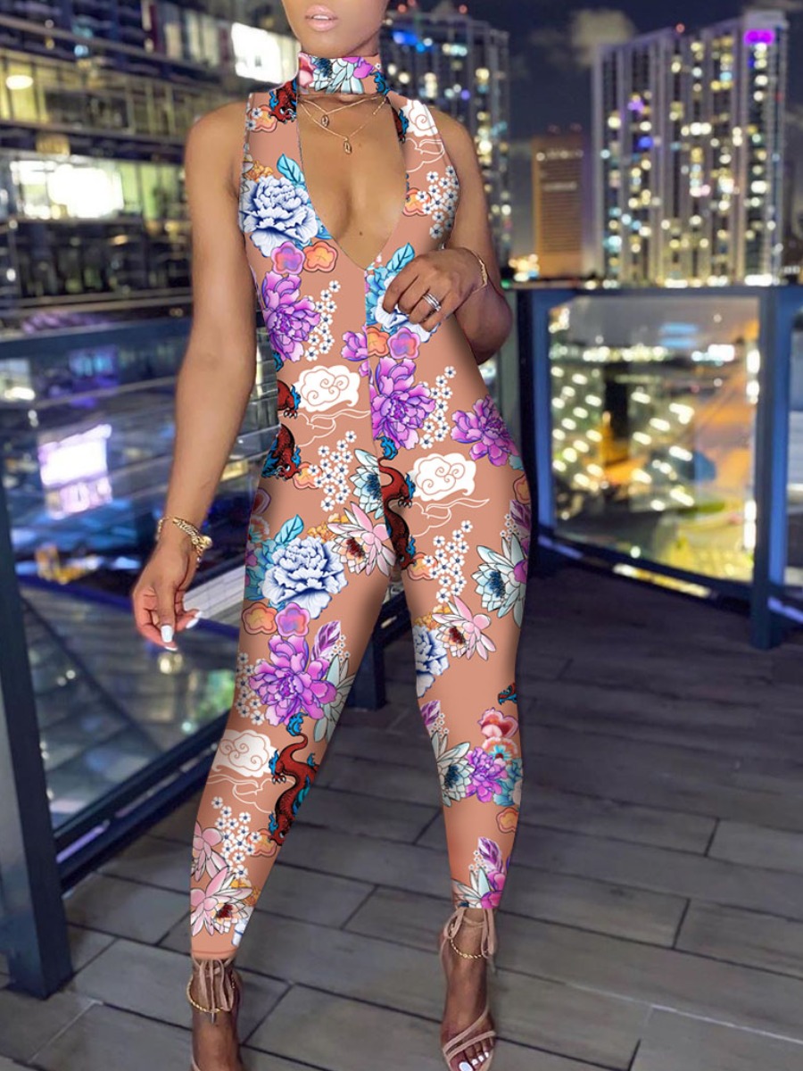 

lovely Sexy Hollow-out Print Dusty Pink One-piece Jumpsuit