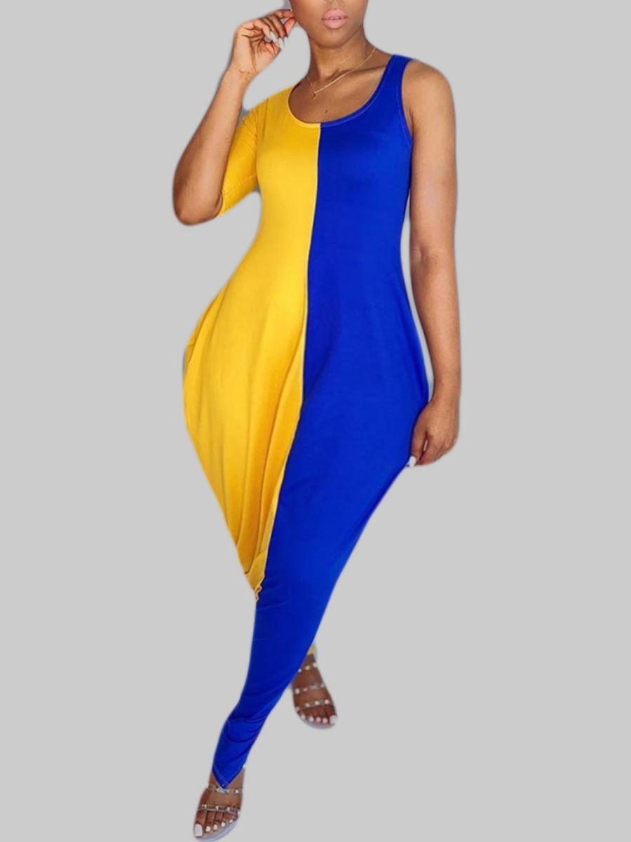 

lovely Casual One Shoulder Patchwork Blue Ankle Length Plus Size Dress