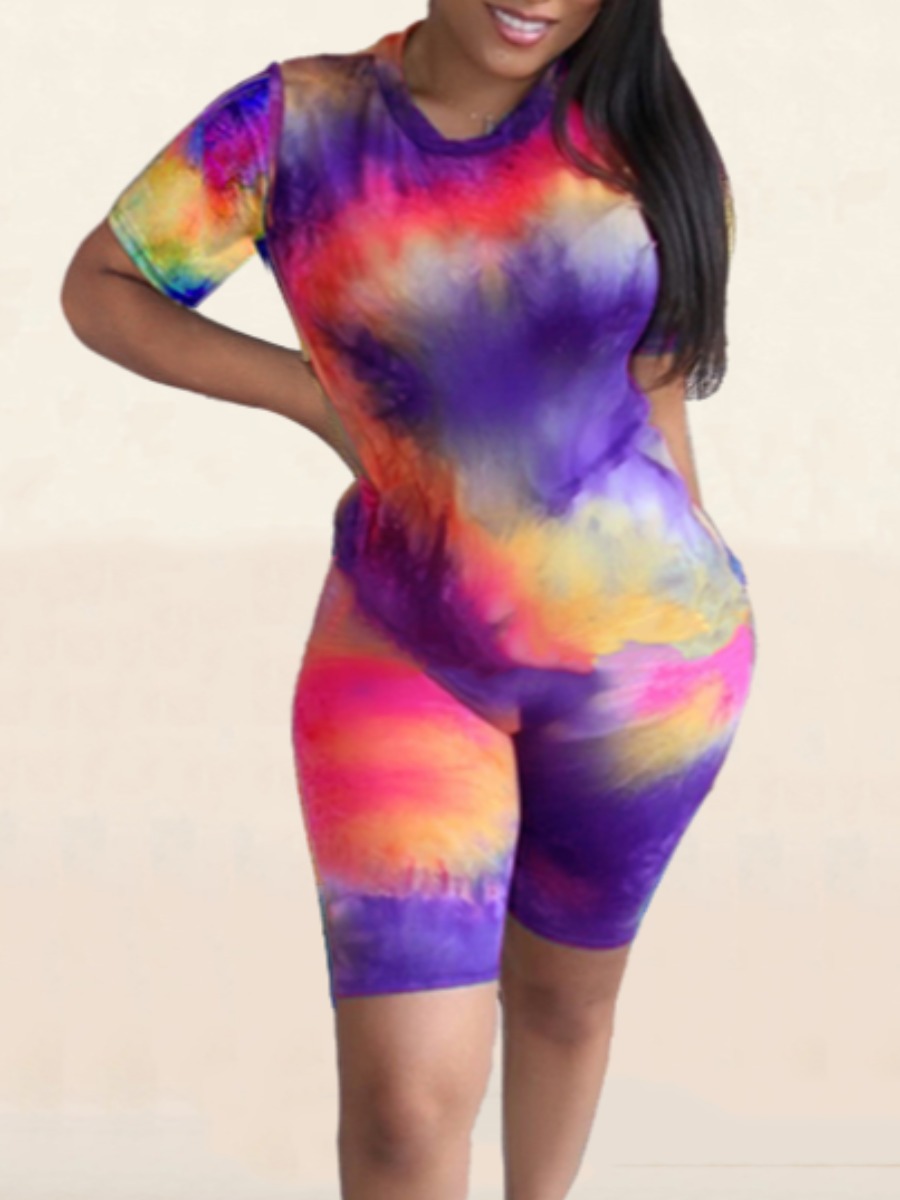 

lovely Trendy O Neck Tie-dye Purple One-piece Romper