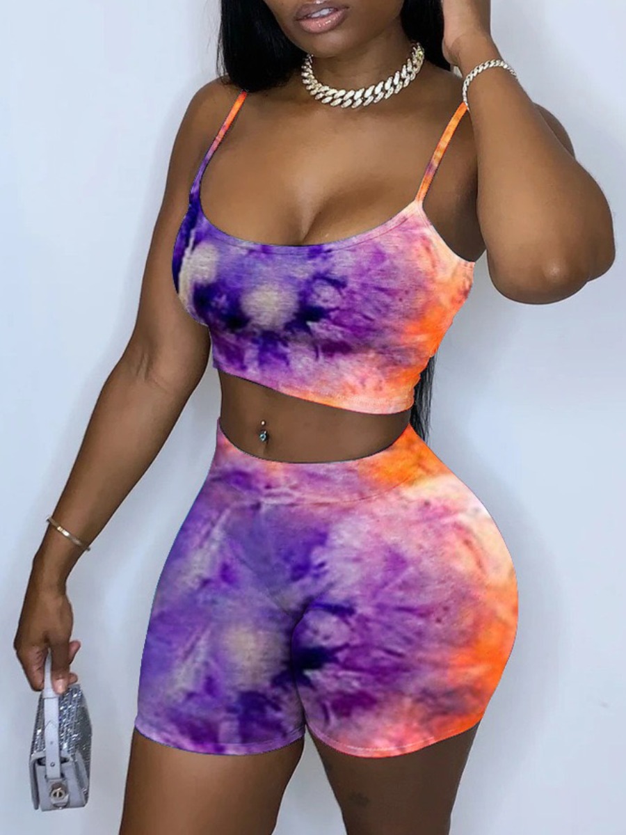 

LW Stylish Spaghetti Strap Tie Dye Purple Two Piece Shorts Set