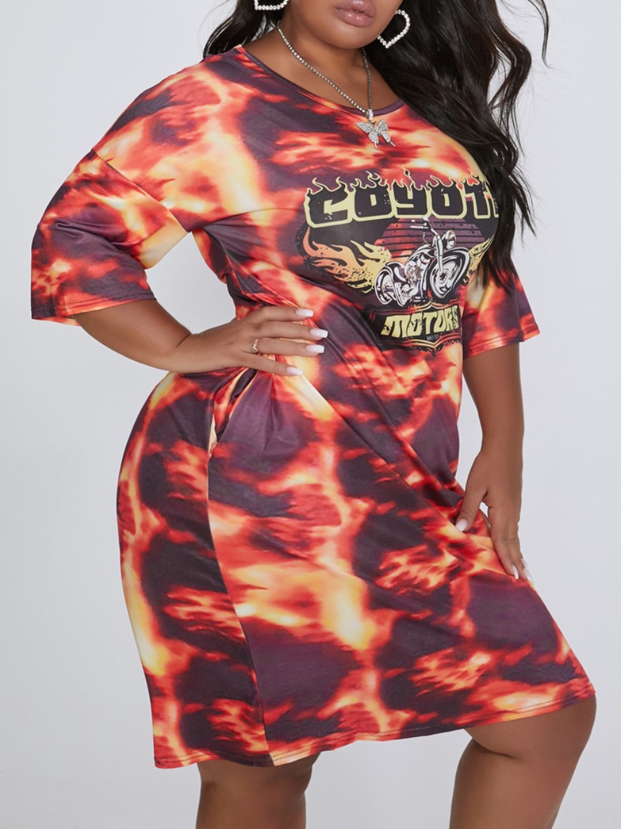 

lovely Leisure O Neck Print Orange Knee Length Plus Size Dress