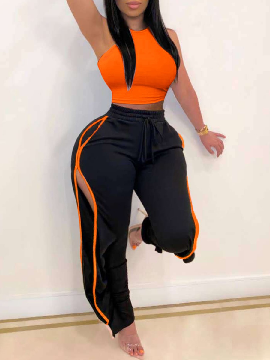 

lovely Sportswear Patchwork Hollow-out Croci Plus Size Two-piece Pants Set