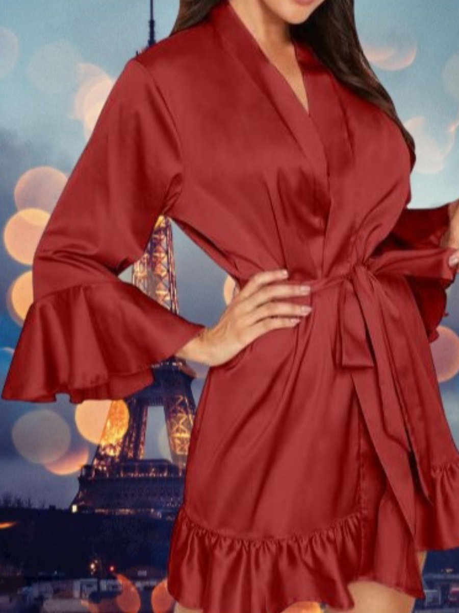 

lovely Cosy Flounce Design Wine Red Sleepwear