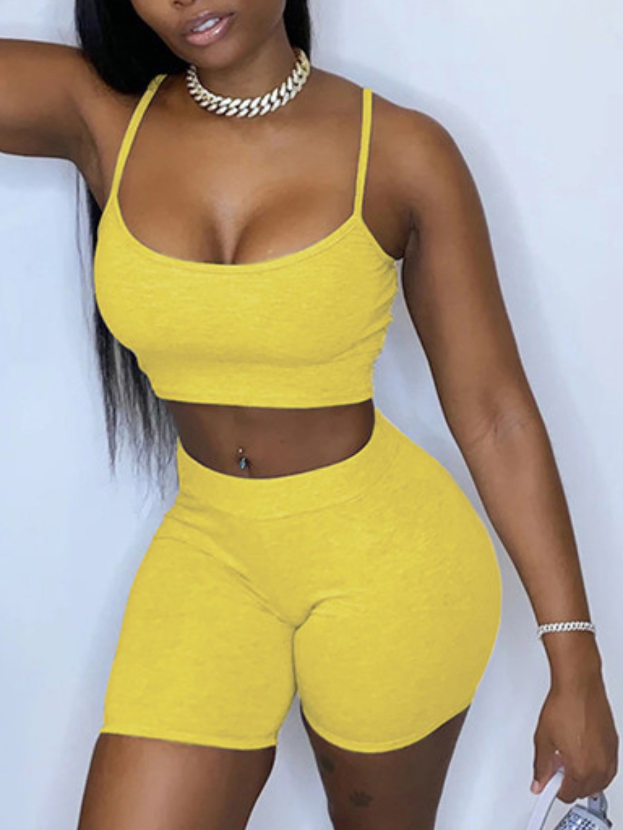 

lovely Sportswear Basic Skinny Yellow Two-piece Shorts Set