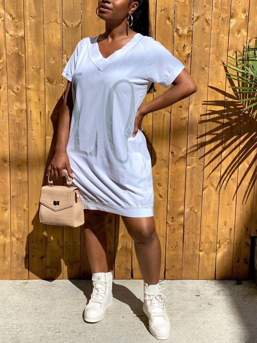 

lovely Casual V Neck Letter White Knee Length Dress