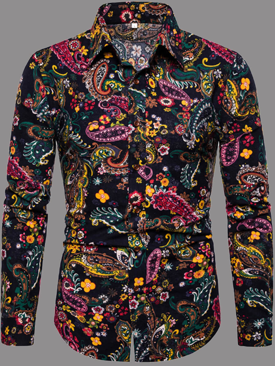 

Men lovely Bohemian Turndown Collar Print Black Shirt