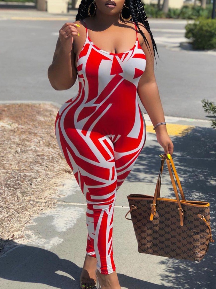 

lovely Sexy Spaghetti Strap Print Red Plus Size One-piece Jumpsuit