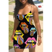 Lovely Sexy Lip Print Black Mini Dress