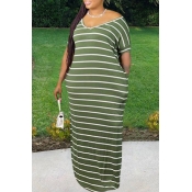 Lovely Leisure V Neck Striped Army Green Maxi Plus