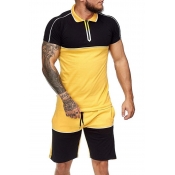 Men Lovely Casual O Neck Patchwork Yellow Two-piec