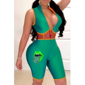 lovely Sportswear Patchwork Green One-piece Romper