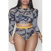 lovely Striped Print Black Plus Size Two-piece Swi