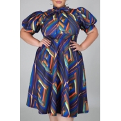 Lovely Stylish Print Blue Knee Length Plus Size Dr