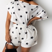 Lovely Leisure O Neck Pentagram Print White Two Pi