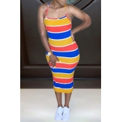 lovely Sexy Striped Multicolor Mid Calf Dress