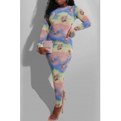 lovely Casual O Neck Print Baby Blue Ankle Length 