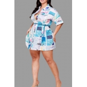 lovely Stylish Letter Print Blue Mini Plus Size Dr