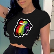 lovely Leisure O Neck Lip Print Black T-shirt
