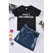 lovely Leisure O Neck Letter Print Black Girl Two-