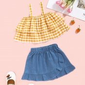 lovely Sweet Grid Print Yellow Girl Two-piece Skir