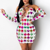 lovely Trendy Print Hollow-out White Mini Dress