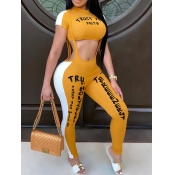 lovely Sportswear Letter Patchwork Yellow Two Piec