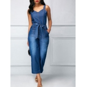 lovely Casual Lace-up Deep Blue Denim One-piece Ju