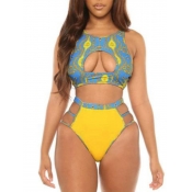 lovely Cut-Out Print Yellow Two Piece Swimsuit