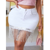 lovely Stylish Tassel Design White Denim Skirt