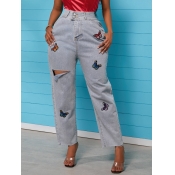 lovely Casual Butterfly Broken Holes Baby Blue Jea