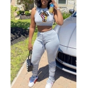 lovely Sportswear O Neck Print Fold Design Grey Tw