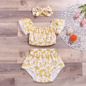 lovely Casual O Neck Floral Print Yellow Girl Two-