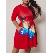 lovely Casual O Neck Butterfly Print Red Knee Leng
