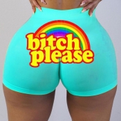Lovely Sportswear Letter Print Skinny Green Shorts
