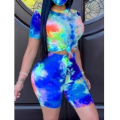 lovely Casual O Neck Tie Dye Blue Two Piece Shorts