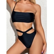 lovely One Shoulder Cut-Out Black Two Piece Swimsu