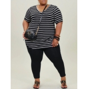 lovely Casual V Neck Striped Black Plus Size Two-p