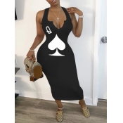 Lovely Sexy Print Black Mid Calf Dress