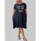Lovely Plus Size Casual O Neck Letter Print Black 