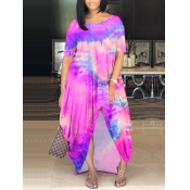 Lovely Casual O Neck Tie-dye Light Pink Maxi Plus 